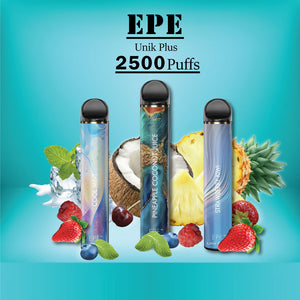 EPE -Unik plus - Disposable Vape - 3 in a row in front of various fruits, ice cubes, coffee beans, and an energy drink with blue background.