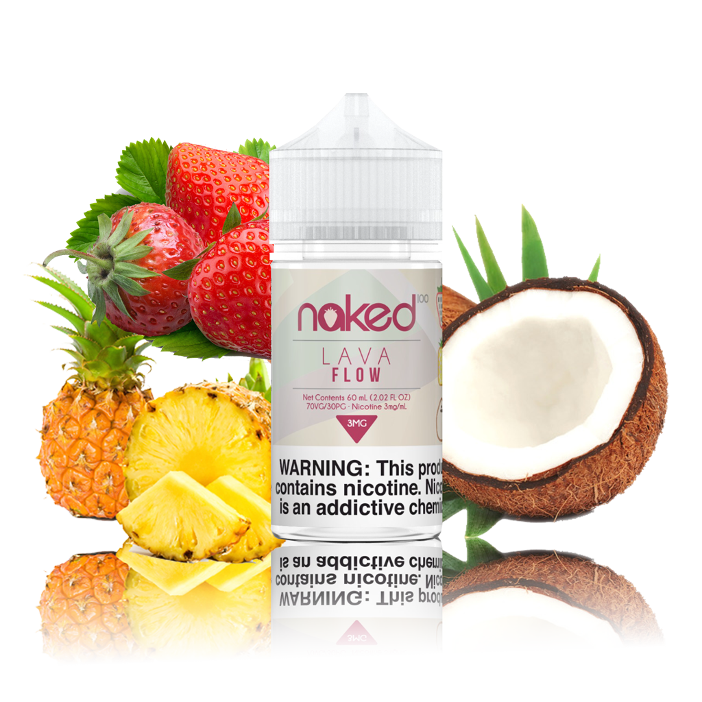 Naked 100 - Lava Flow - 60ml Vape Juice - 60ML plastic bottle surrounded by a half coconut, pineapple, and strawberries.