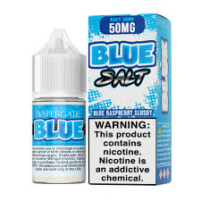 Vapergate Salts - Blue - 30ML Vape Juice - Blue and white box and 30ML plastic bottle sitting beside each other.