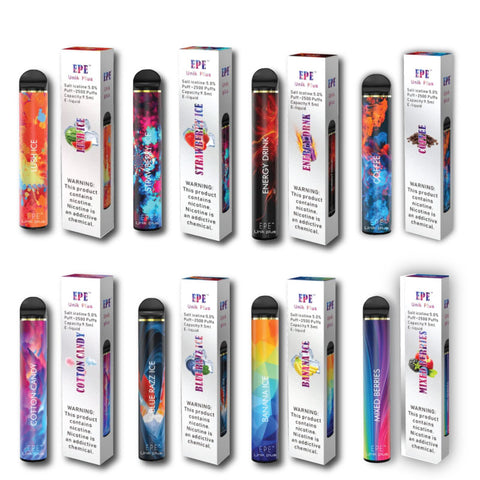 EPE - Unik Plus - 2500 Puffs - Disposable Vape - 2 rows 4 devices standing beside its box.