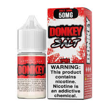 Vapergate Salts - Donkey - 30ML Vape Juice - Red and white box and 30ML plastic bottle sitting beside each other.