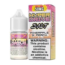 Vapergate Salts - Hyper Drive - 30ML Vape Juice - Pink and orange box and 30ML plastic bottle sitting beside each other.