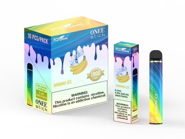 KangVape - Onee Stick 1800 Puffs - Disposable Vape - Dark blue/light blue/yellow device standing next to its box and case with white and blue/yellow labels.