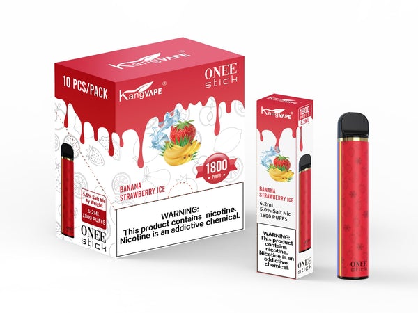 KangVape - Onee Stick 1800 Puffs - Disposable Vape - Red device standing next to its box and case with white and red labels.