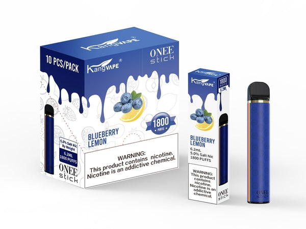 KangVape - Onee Stick 1800 Puffs - Disposable Vape - Dark blue device standing next to its box and case with white and dark blue labels.