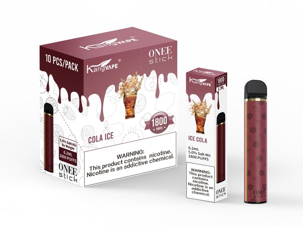 KangVape - Onee Stick 1800 Puffs - Disposable Vape - Maroon device standing next to its box and case with white and maroon labels.