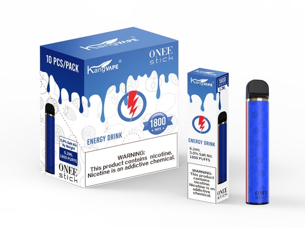 KangVape - Onee Stick 1800 Puffs - Disposable Vape - Blue device standing next to its box and case with white and blue labels.