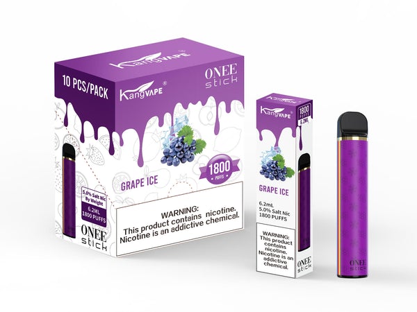KangVape - Onee Stick 1800 Puffs - Disposable Vape - Purple device standing next to its box and case with white and purple labels.