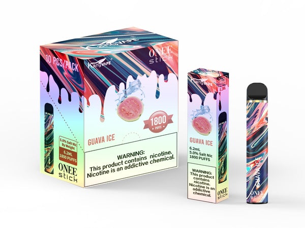 KangVape - Onee Stick 1800 Puffs - Disposable Vape - Dark blue/light blue/pink device standing next to its box and case with white and red/blue/pink labels.
