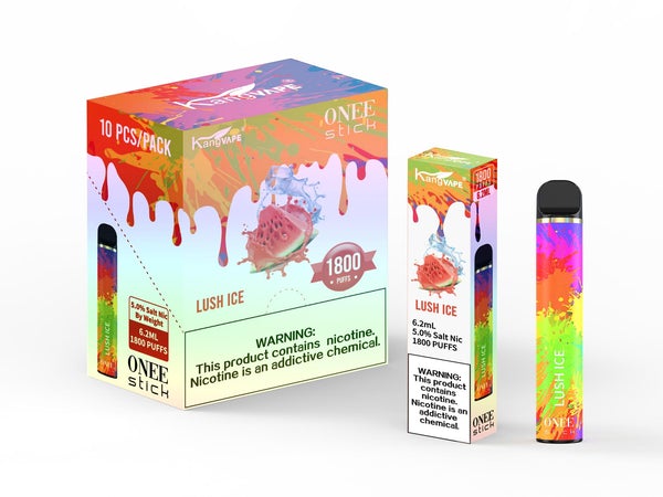 KangVape - Onee Stick 1800 Puffs - Disposable Vape - Pink/yellow/orange device standing next to its box and case with white and pink/orange labels.