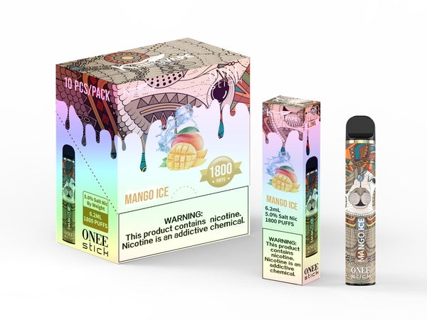 KangVape - Onee Stick 1800 Puffs - Disposable Vape - Brown/orange/blue with cream-colored horse face (with gem hanging at its forehead) in the middle device standing next to its box and case with white and brown/pink/red labels.