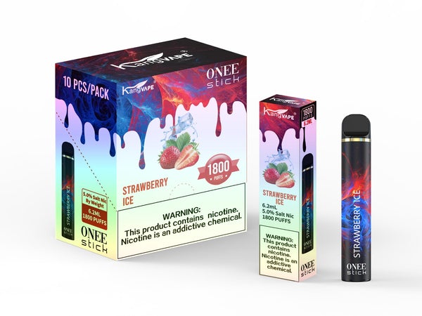 KangVape - Onee Stick 1800 Puffs - Disposable Vape - Black/red/dark blue device standing next to its box and case with white and red/dark blue labels.