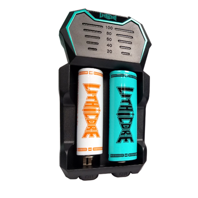 Lithicore - Edge 2 - Lithium - Battery Charger - black 2-bay battery charger with LED power levels at the top with one teal and one white Lithicore battery inserted.