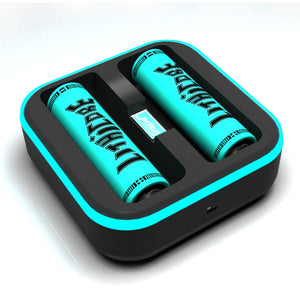 Lithicore - Pulse 2 - Lithium - Battery Charger - black 2-bay charger with teal LED light around the top edge with two teal Lithicore batteries inserted.