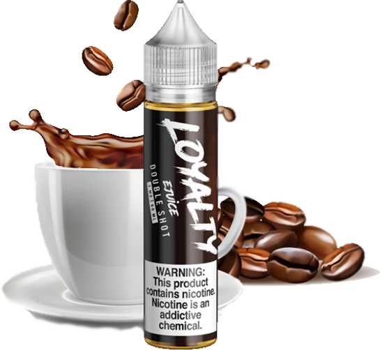 Loyalty - Double Shot - 60ML Vape Juice - 60ML slim plastic bottle with a pile of coffee beans on one side and a white cup and saucer on the other with dark brown coffee splashing out the top plus a few coffee beans in the air above it.