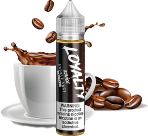 Loyalty - Double Shot - 60ML Vape Juice - 60ML slim plastic bottle with a pile of coffee beans on one side and a white cup and saucer on the other with dark brown coffee splashing out the top plus a few coffee beans in the air above it.