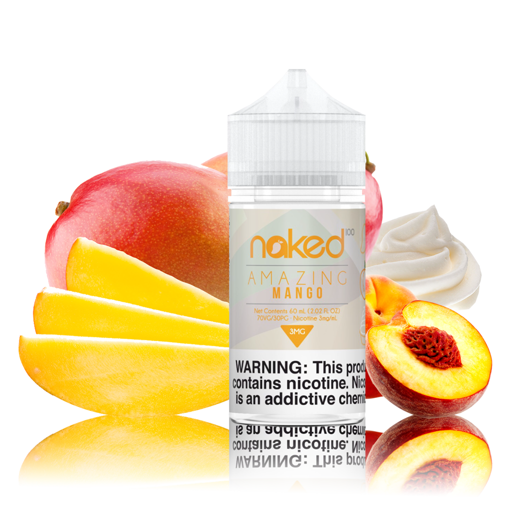Naked 100 - Amazing Mango - 60ml Vape Juice - 60ML plastic bottle surrounded by whole and sliced mango, a half peach, and whipped cream.