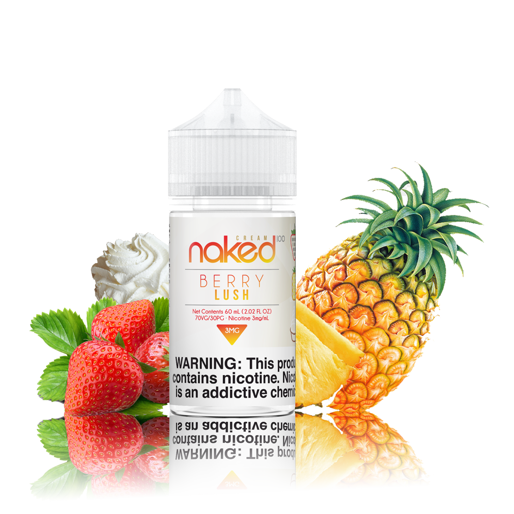 Naked 100 - Berry Lush - 60ML Vape Juice - 60ML plastic bottle with a white label in the center, with several strawberries on the side and a pineapple on the other.