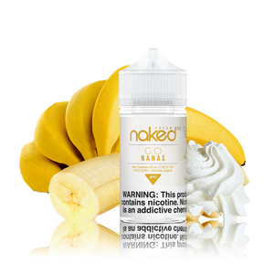 Naked 100 - Banana - 60ml Vape Juice - 60ML plastic bottle surrounded by bananas and whipped cream.