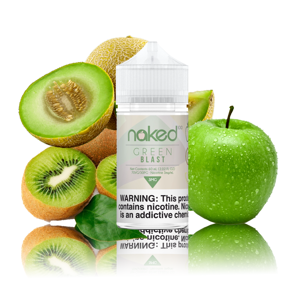 Naked 100 - Green Blast - 60ml Vape Juice - 60ML plastic bottle surrounded by sliced kiwi and honeydew plus one green apple.