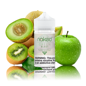 Naked 100 - Green Blast - 60ml Vape Juice - 60ML plastic bottle surrounded by sliced kiwi and honeydew plus one green apple.