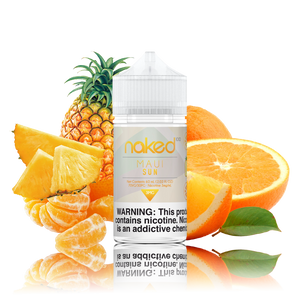 Naked 100 - MauiSun - 60ML Vape Juice - 60ML plastic bottle surrounded by oranges, pineapple, and tangerine.