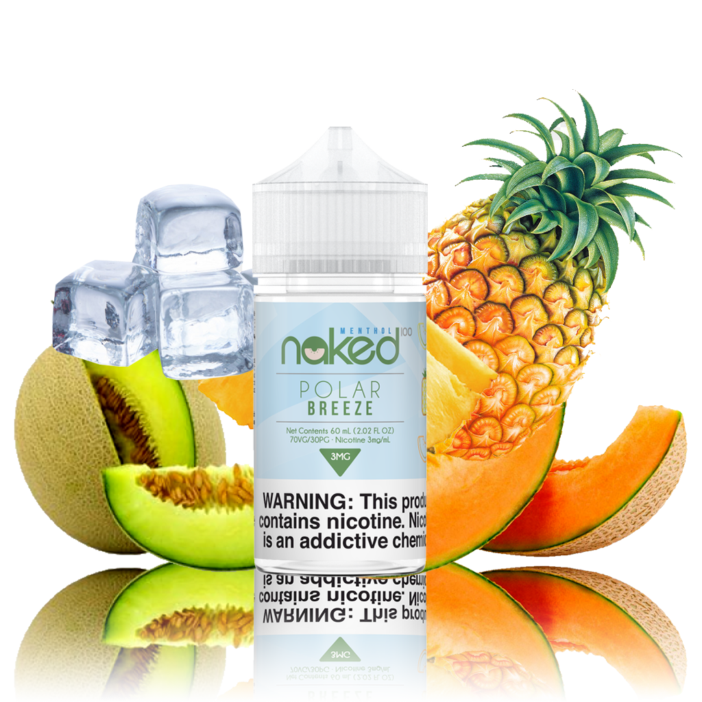 Naked 100 - Polar Breeze - 60ML Vape Juice -60ML plastic bottle surrounded by pineapple, cantaloupe, honeydew, and ice cubes.