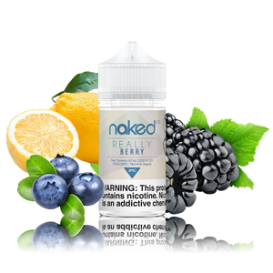 Naked 100 - Really Berry - 60ml Vape Juice - 60ML plastic bottle surrounded by blackberries, blueberries, and lemon.