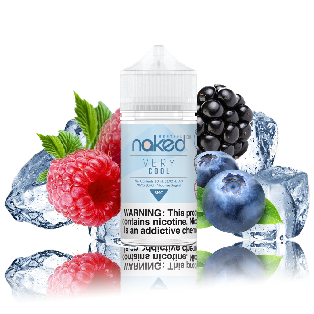 Naked 100 - Berry - 60ml Vape Juice - 60ML plastic bottle surrounded by raspberries, blackberries, blueberries, and icecubes.