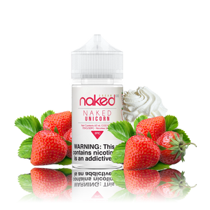 Naked 100 Naked Unicorn 60ML plastic bottle surrounded by strawberries and a dollop of cream.