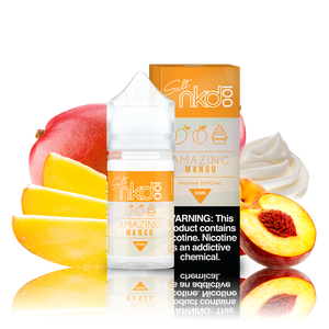 NKD 100 Salts - Mango - orange and white box and 30ML plastic bottle surrounded by a mango, sliced mango and peach, and a dollop or whipped cream.
