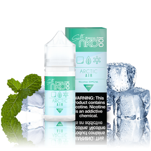 NKD 100 Salts - Mint (Arctic Air) - green and light blue box and 30ML plastic bottle surrounded by mint leaves and ice cubes.