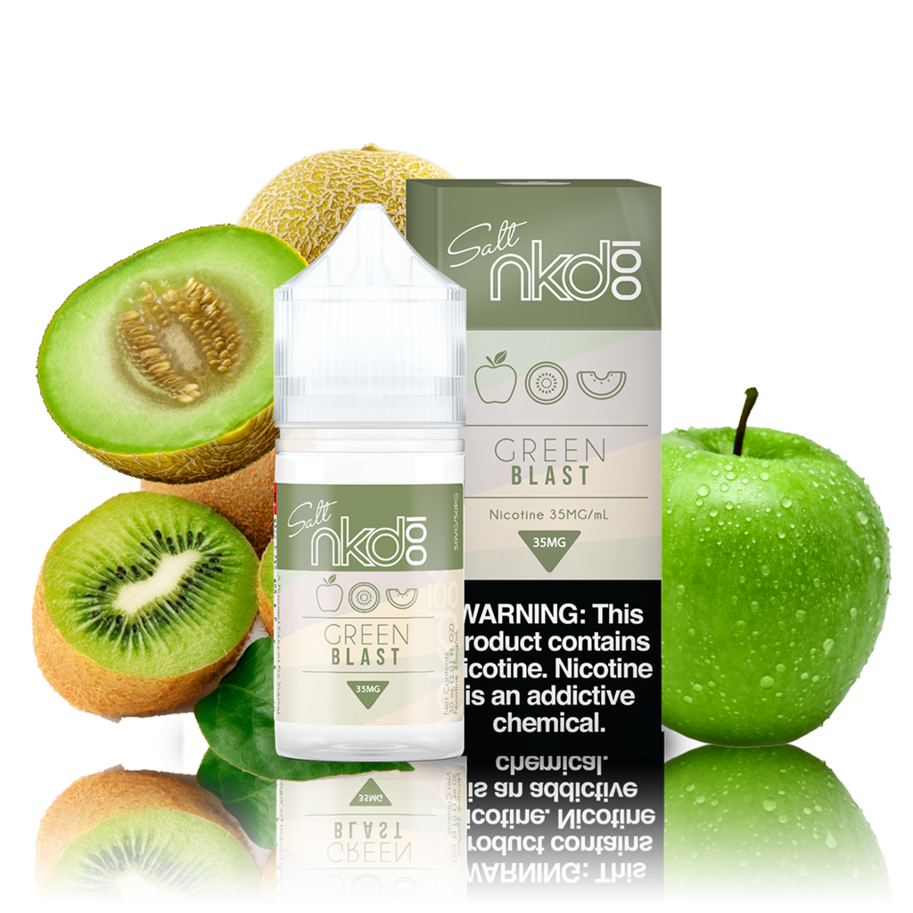 NKD 100 Salts - MelonKiwi (Green Blast) - green and white box and 30ML plastic bottle surrounded by a green apple and sliced kiwi and honeydew.