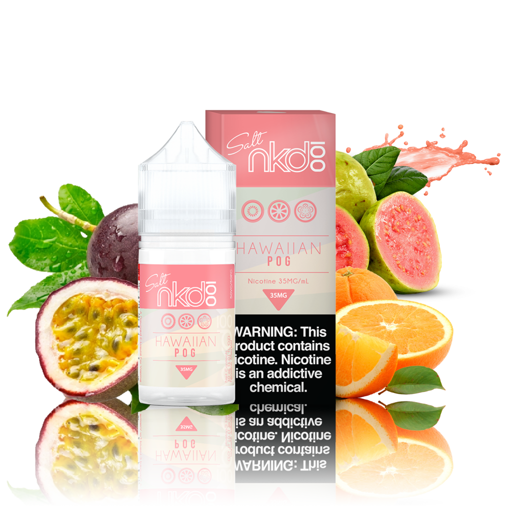 NKD 100 Salts -HawaiianPog - pink and white box and 30ML plastic bottle surrounded by sliced passion fruit, orange, and kiwi.