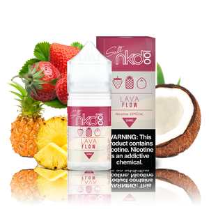 NKD 100 Salts - LavaFlow - dark pink box and 30ML plastic bottle surrounded by strawberries, a half coconut, and a whole and sliced pineapple.