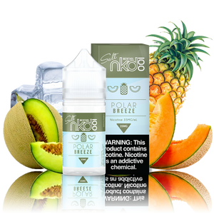 NKD 100 Salts - Melon - green and light blue box and 30ML plastic bottle surrounded by a pineapple, sliced cantaloupe and honeydew, and ice cubes.