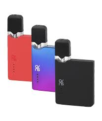 OVNS JC01 - Juul Compatible Pod System - Thress square OVNS devices in a diagonal line from from right to back left in black, rainbow, and red.