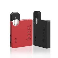 SQRL - Juul Compatible Pod Device - A red and black square SQRL device standing vertically facing each other at about a one hundred degree angle.