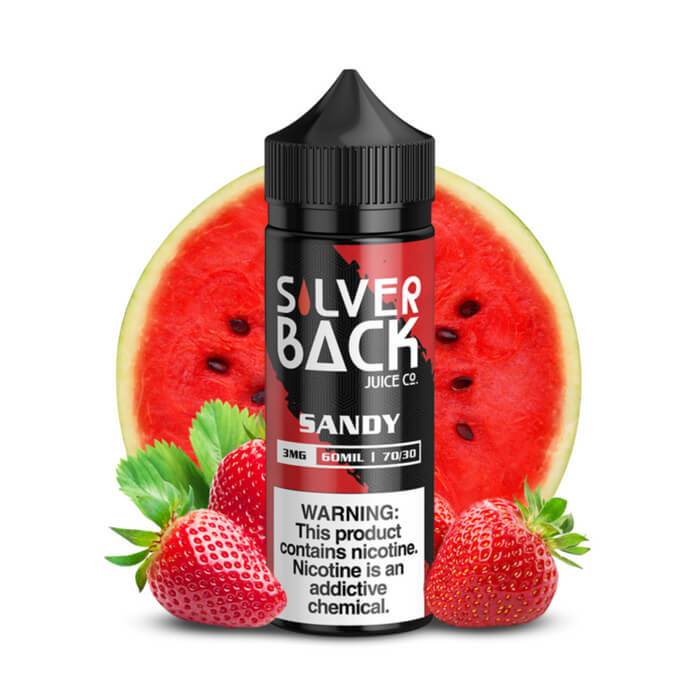 Silverback - Sandy - 120ML Vape Juice - 120ML black plastic bottle with a red and black label, with a half watermelon behind it and strawberries on either side.