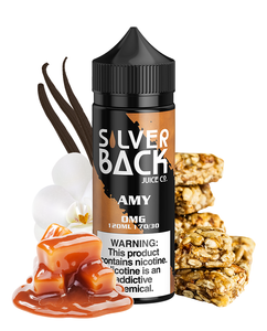 Silverback - Amy - 120ML Vape Juice - 120ML black plastic bottle with a black and brown label, surrounded by peanut brittle, gooey caramel pieces, and vanilla flowers.