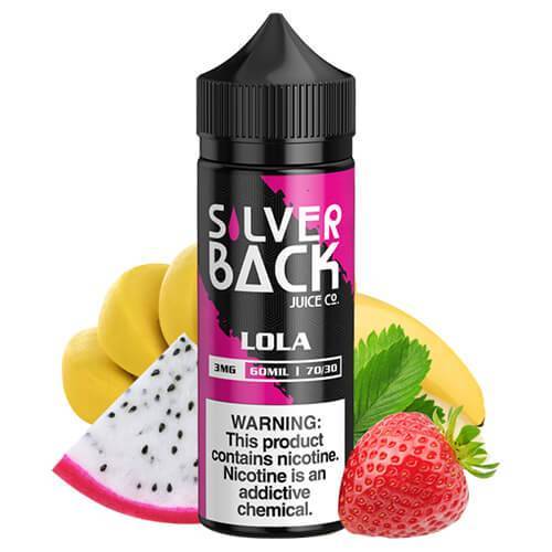 Silverback - Lola - 120ML Vape Juice - 120ML black plastic bottle with a dark pink and black label, surrounded by bananas, strawberry, and dragon fruit.