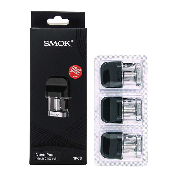 Smok - Novo - Replacement Pods - Mesh 0.8ohm tall back box with strip of 3 pods standing beside it.