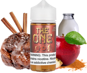 The One - Apple - 100ML Vape Juice - 100ML plastic bottle surrounded by an apple, bottle of milk, several cinnamon sticks, and a cinnamon bun.