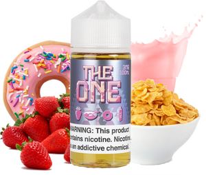 The One - Strawberry Cereal Donut - 100ML Vape Juice - 100ML plastic bottle surrounded by a bowl of cereal, strawberies, a strawberrry frosted donut, and a glass of strawberry milk.