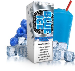 Vapergate - Blue Smurf Ice - 120ML Vape Juice - Blue and white box surrounded by blue slushy, blue raspberries, and ice cubes.
