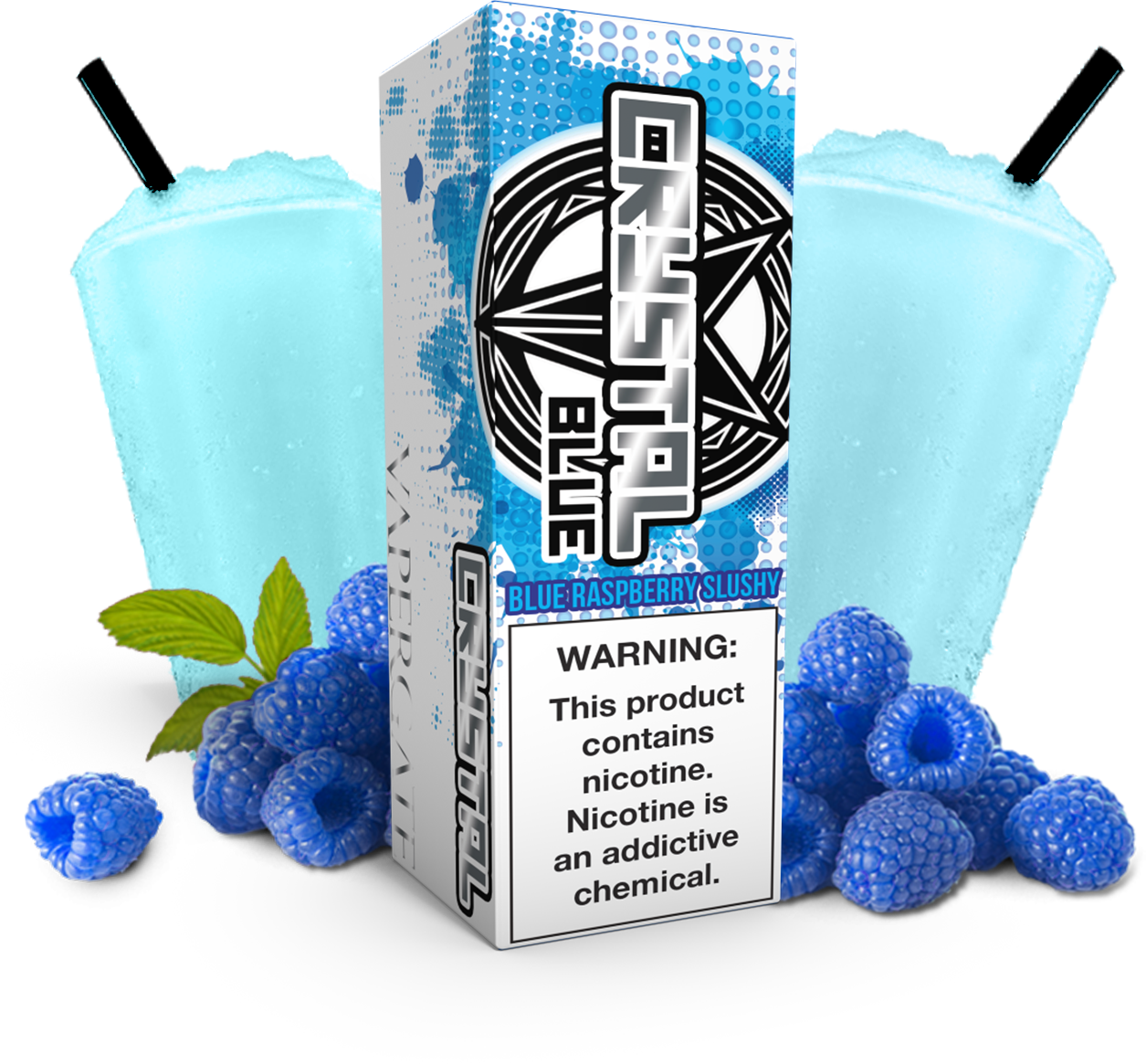 Vapergate - Crystal Smurf - 120ML Vape Juice - Blue and white box with a light blue slushy and blue raspberries on either side.