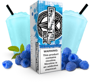 Vapergate - Crystal Smurf - 120ML Vape Juice - Blue and white box with a light blue slushy and blue raspberries on either side.
