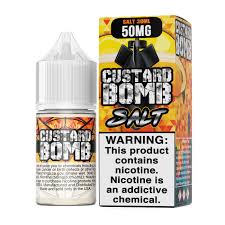 Vapergate Salts - Custard Bomb - 30ML Vape Juice - Red and orange box and 30ML plastic bottle sitting beside each other.