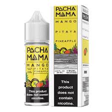 Pacha Mama Mango Pitaya Pineapple 60ML plastic bottle and box with a yellow label.