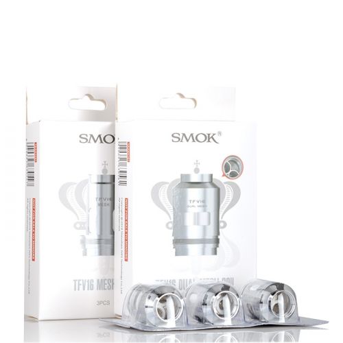 Smok - TFV16 -Replacement Coils - single mesh and dual mesh white boxes set beside each other with a 3-pack of coils laying in front.